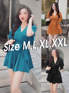 Set nguyên bộ áo cổ V thắt đai quần rời 2 túi xinh xắn