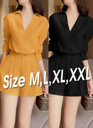 Set nguyên bộ áo cổ V tay dài quần short lưng thun thoải mái