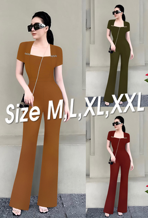 Jum dài ống loe dây kéo lưng áo cổ vuông phối nút trước ngực xinh xắn
